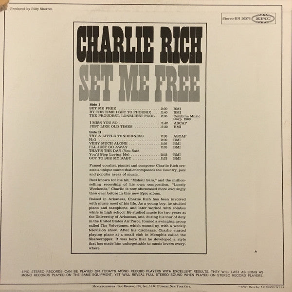 Charlie Rich : Set Me Free (LP, Album, Ter)