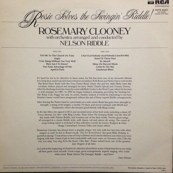 Rosemary Clooney Arranged & Conducted By Nelson Riddle : Rosie Solves The Swingin' Riddle! (LP, Album, Mono)