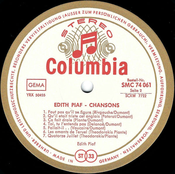 Edith Piaf : Chansons (LP, Comp)