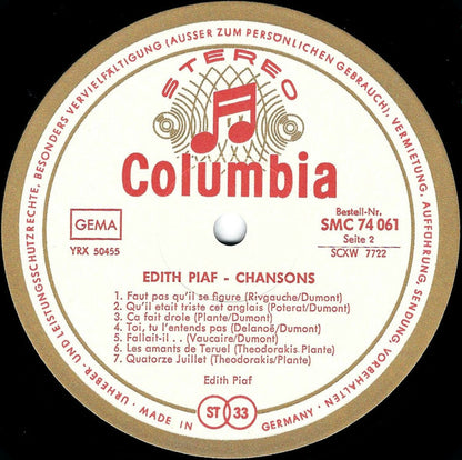 Edith Piaf : Chansons (LP, Comp)
