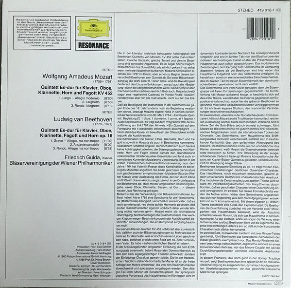 Wolfgang Amadeus Mozart, Ludwig van Beethoven, Friedrich Gulda, Bläservereinigung Der Wiener Philharmoniker : Quintette Für Klavier, Oboe, Klarinette, Horn Und Fagott (LP, RE)