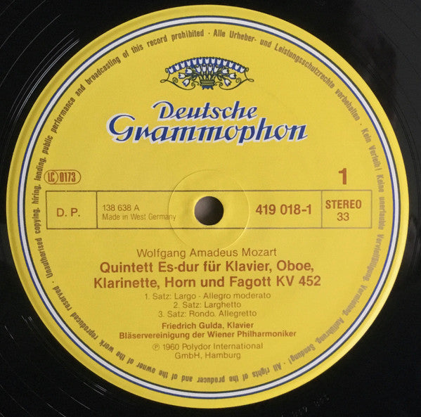 Wolfgang Amadeus Mozart, Ludwig van Beethoven, Friedrich Gulda, Bläservereinigung Der Wiener Philharmoniker : Quintette Für Klavier, Oboe, Klarinette, Horn Und Fagott (LP, RE)