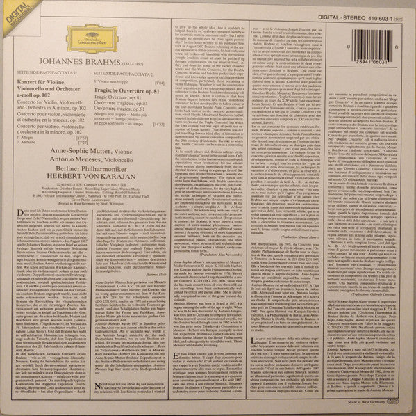 Johannes Brahms - Anne-Sophie Mutter, Antonio Meneses, Berliner Philharmoniker, Herbert von Karajan : Doppelkonzert = Double Concerto / Tragische Ouvertüre = Tragic Overture (LP)