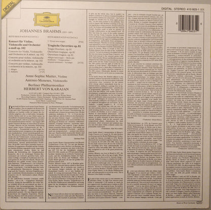 Johannes Brahms - Anne-Sophie Mutter, Antonio Meneses, Berliner Philharmoniker, Herbert von Karajan : Doppelkonzert = Double Concerto / Tragische Ouvertüre = Tragic Overture (LP)