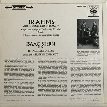 Isaac Stern / Johannes Brahms / Eugene Ormandy, The Philadelphia Orchestra : Violin Concerto In D, Op. 77 (LP)