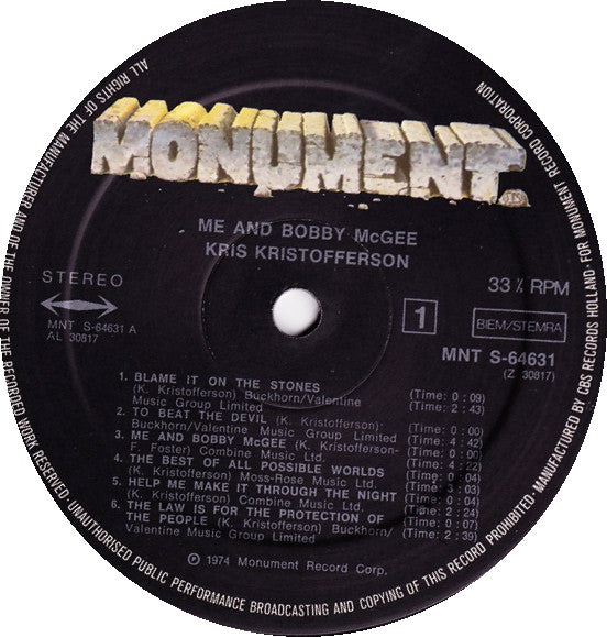 Kris Kristofferson : Me And Bobby McGee (LP, Album, RE)