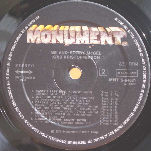 Kris Kristofferson : Me And Bobby McGee (LP, Album, RE)