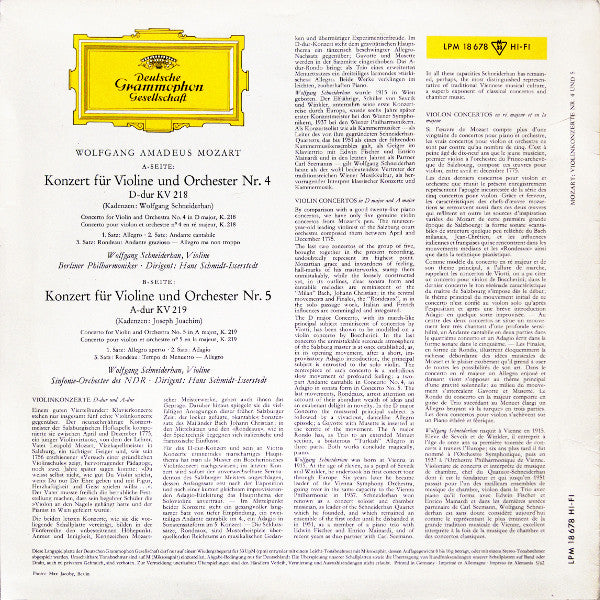 Wolfgang Amadeus Mozart, Wolfgang Schneiderhan : Violinkonzerte D-Dur KV 218 Und A-Dur KV 219 (LP, Mono, 7/6)