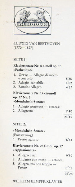Ludwig van Beethoven / Wilhelm Kempff : Mondscheinsonate - Pathétique - Appassionata (LP, RE)