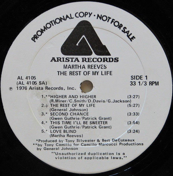Martha Reeves : The Rest Of My Life (LP, Album, Promo, Pet)