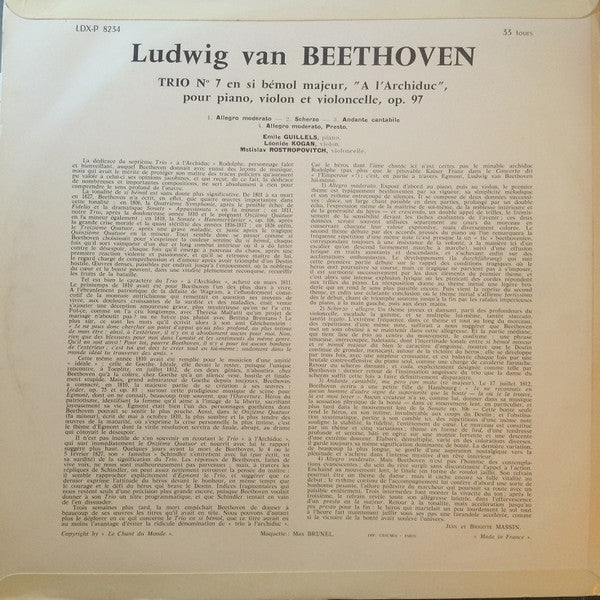 Ludwig van Beethoven, Emil Gilels • Leonid Kogan • Mstislav Rostropovich : Trio À L'Archiduc En Si Bémol Majeur, Op. 97 (LP, Album, Mono, RE)