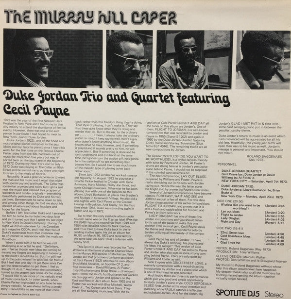 Duke Jordan Trio And Duke Jordan Quartet Featuring Cecil Payne : The Murray Hill Caper (LP, Album)