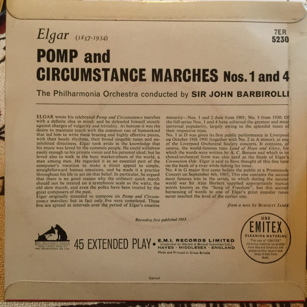 Sir Edward Elgar, Sir John Barbirolli, Philharmonia Orchestra : Pomp And Circumstance Marches Nos. 1 And 4 (7", EP, Mono)