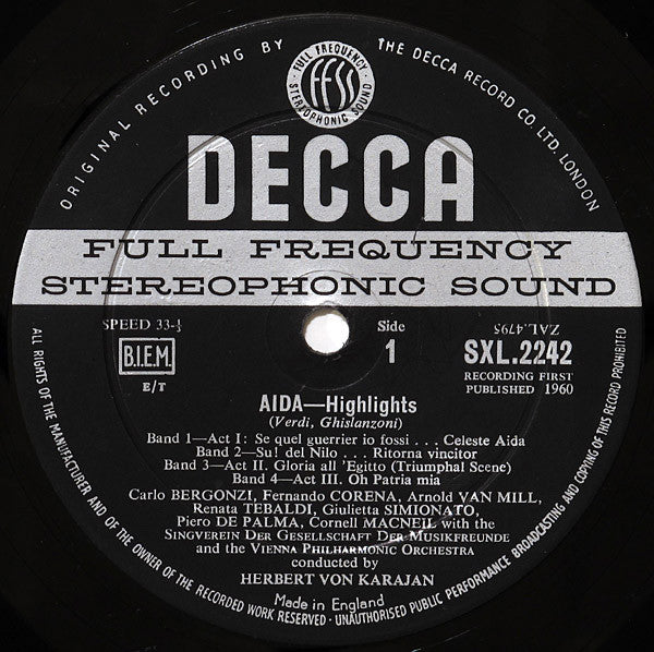 Giuseppe Verdi, Renata Tebaldi, Carlo Bergonzi, Giulietta Simionato, Cornell MacNeil, Wiener Philharmoniker, Herbert von Karajan : Aida Highlights (LP)