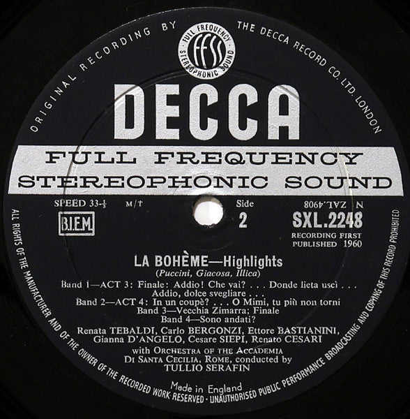 Giacomo Puccini, Renata Tebaldi, Carlo Bergonzi, Ettore Bastianini, Cesare Siepi, Fernando Corena, Tullio Serafin : La Boheme Highlights (LP, RP)