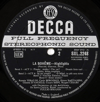 Giacomo Puccini, Renata Tebaldi, Carlo Bergonzi, Ettore Bastianini, Cesare Siepi, Fernando Corena, Tullio Serafin : La Boheme Highlights (LP, RP)