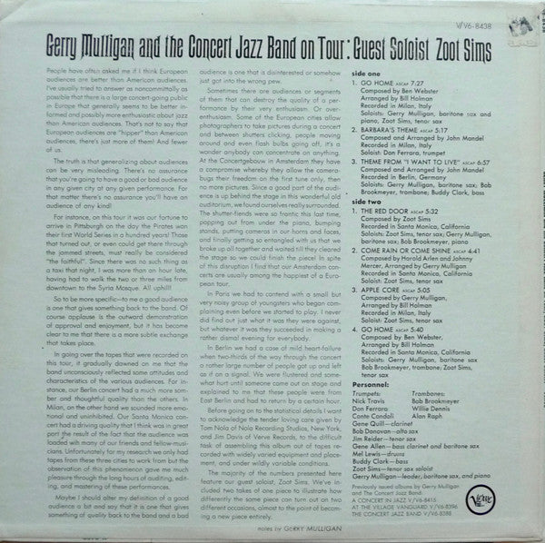 Gerry Mulligan & The Concert Jazz Band Guest Soloist: Zoot Sims : Gerry Mulligan And The Concert Jazz Band On Tour (LP, Album)