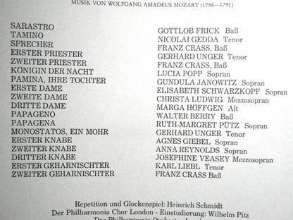 Wolfgang Amadeus Mozart / Nicolai Gedda ‧ Gundula Janowitz ‧ Walter Berry ‧ Gerhard Unger ‧ Lucia Popp ‧ Elisabeth Schwarzkopf ‧ Christa Ludwig ‧ Ruth-Margret Pütz ‧ Marga Höffgen ‧ Franz Crass ‧ Gottlob Frick ‧ Philharmonia Chorus , Einstudierung Wilhelm : Die Zauberflöte (Gesamtaufnahme) (3xLP + Box)