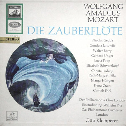 Wolfgang Amadeus Mozart / Nicolai Gedda ‧ Gundula Janowitz ‧ Walter Berry ‧ Gerhard Unger ‧ Lucia Popp ‧ Elisabeth Schwarzkopf ‧ Christa Ludwig ‧ Ruth-Margret Pütz ‧ Marga Höffgen ‧ Franz Crass ‧ Gottlob Frick ‧ Philharmonia Chorus , Einstudierung Wilhelm : Die Zauberflöte (Gesamtaufnahme) (3xLP + Box)