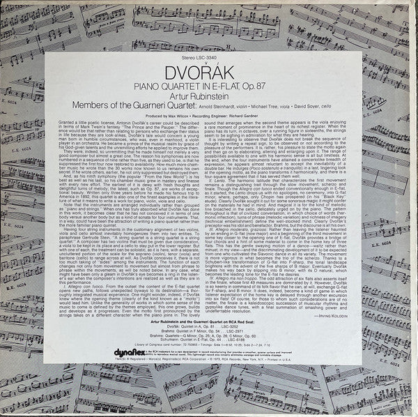 Arthur Rubinstein, Guarneri Quartet - Antonín Dvořák : Piano Quartet In E-Flat, Opus 87 (LP)