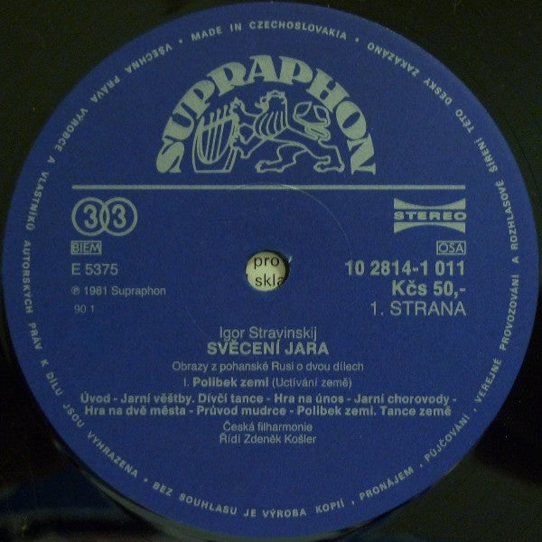 Igor Stravinsky - Zdeněk Košler, The Czech Philharmonic Orchestra : Svěcení Jara (LP, Album, RP)