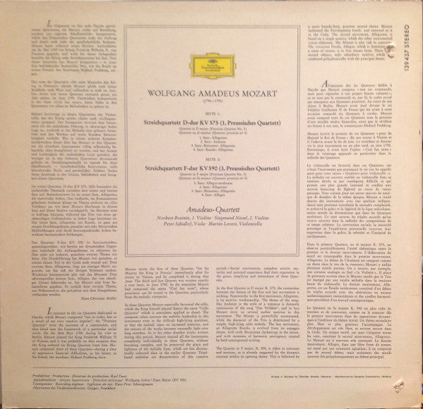 Wolfgang Amadeus Mozart - Amadeus-Quartett : Streichquartette D-dur KV 575 Und F-dur KV 590 (LP)