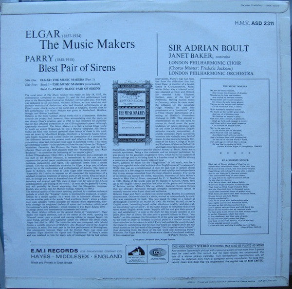 Sir Edward Elgar / Charles Hubert Hastings Parry - Sir Adrian Boult, Janet Baker : The Music Makers / Blest Pair Of Sirens (LP)