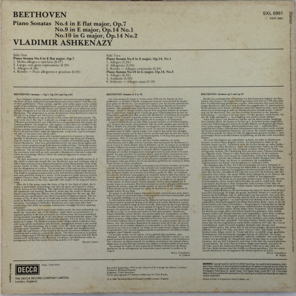 Vladimir Ashkenazy, Ludwig van Beethoven : Piano Sonatas 4, 9 & 10 (LP)