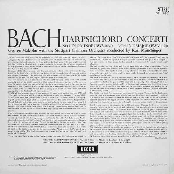 Johann Sebastian Bach, George Malcolm, Stuttgarter Kammerorchester, Karl Münchinger : Harpsichord Concerti Nos.1 & 2 (LP)