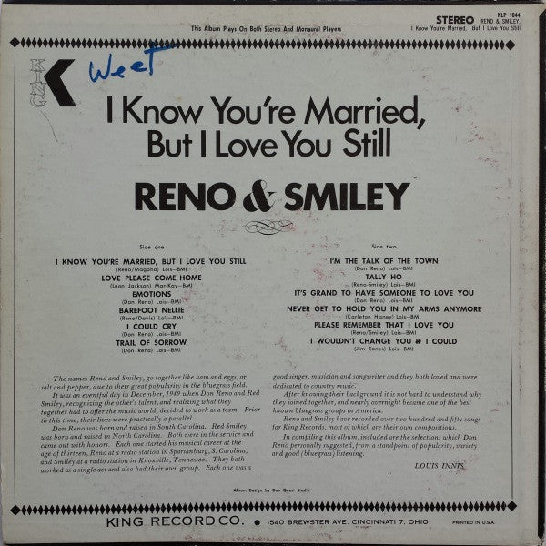 Reno And Smiley : I Know You're Married, But I Love You Still (LP, Comp)