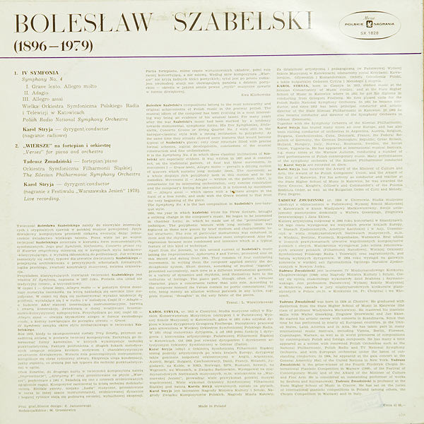 Bolesław Szabelski : IV Symfonia. "Wiersze" Na Fortepian I Orkiestrę (LP, Album)