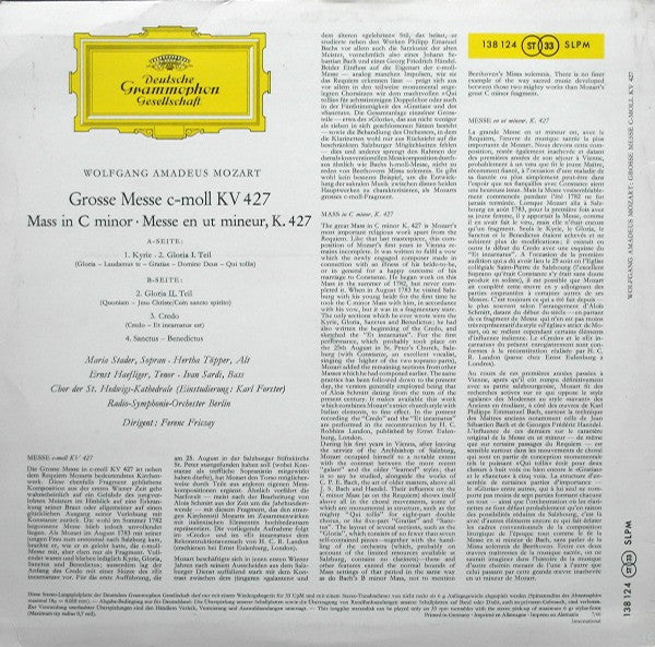 Wolfgang Amadeus Mozart ‧ Maria Stader ‧ Hertha Töpper ‧ Ernst Haefliger ‧ Ivan Sardi ‧ Dirigent: Ferenc Fricsay : Grosse Messe In C-moll ‧ Mass In C Minor, K. 427 (LP)
