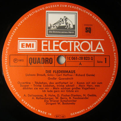 Johann Strauss Jr., Anneliese Rothenberger, Dietrich Fischer-Dieskau, Nicolai Gedda, Renate Holm, Brigitte Fassbaender, Adolf Dallapozza, Walter Berry, Wiener Symphoniker , Dirigent Willi Boskovsky : Die Fledermaus (Grosser Querschnitt) (LP, Album, Quad)