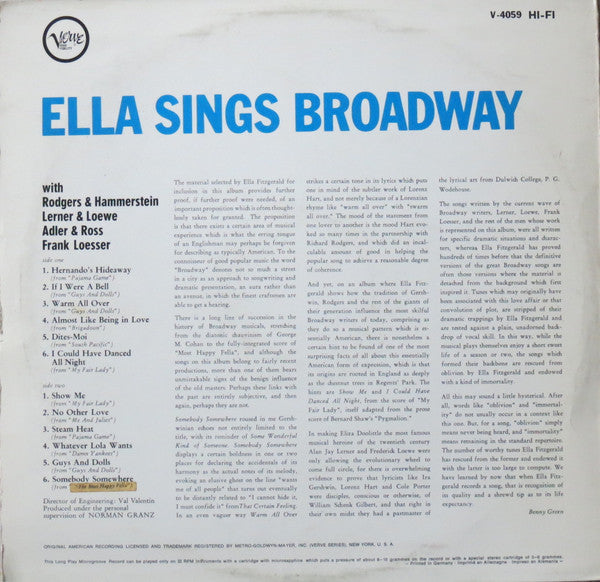 Ella Fitzgerald With Rodgers & Hammerstein, Lerner & Loewe, Richard Adler & Jerry Ross (2), Frank Loesser : Ella Sings Broadway (LP, Album)