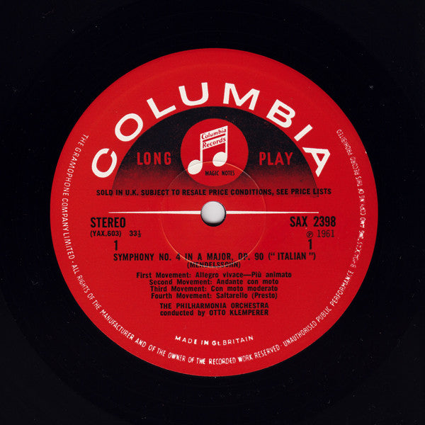 Felix Mendelssohn-Bartholdy, Robert Schumann, Otto Klemperer, Philharmonia Orchestra : "Italian" Symphony / Symphony Nr. 4 (LP, RE)