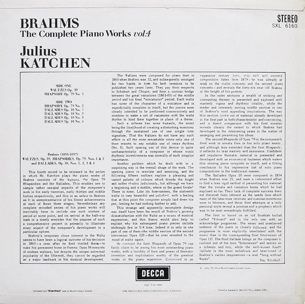 Johannes Brahms, Julius Katchen : The Complete Piano Works Vol. 4 (LP)