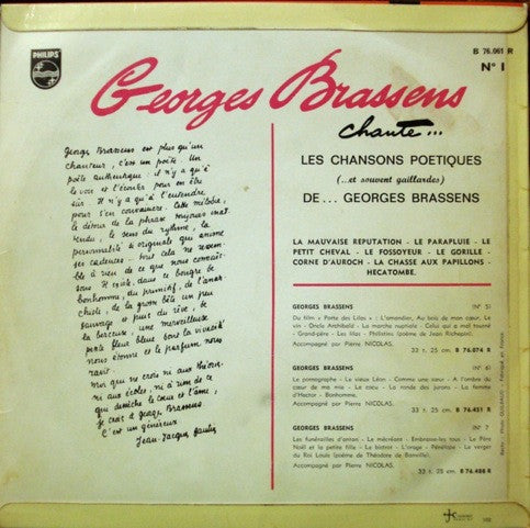 Georges Brassens : Georges Brassens Chante Les Chansons Poétiques (... Et Souvent Gaillardes) De... Georges Brassens (10", Album, Mono, RE)