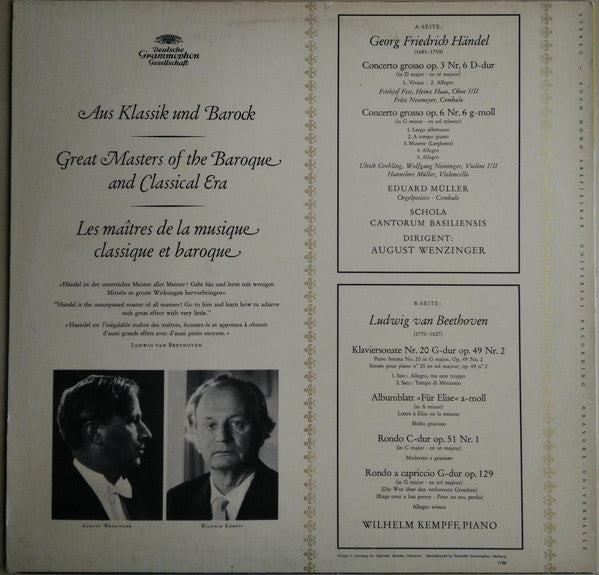 August Wenzinger, Wilhelm Kempff : Aus Klassik Und Barock - Musik Von Beethoven Und Händel (LP)