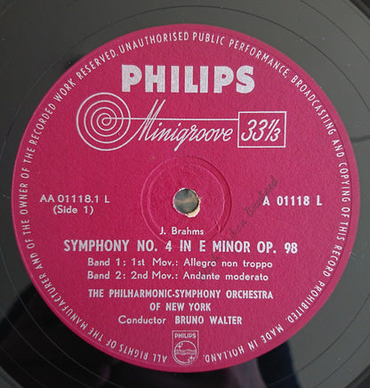 Johannes Brahms, Bruno Walter, Philharmonic-Symphony Orchestra Of New York : Symphony No.4 In E Minor, Op. 98 (LP, Mono)