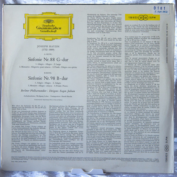 Joseph Haydn - Berliner Philharmoniker · Eugen Jochum : Sinfonien Nr. 88 G-dur Und Nr. 98 B-dur (LP, 1st)