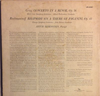 Edvard Grieg / Sergei Vasilyevich Rachmaninoff - Arthur Rubinstein, Fritz Reiner, Chicago Symphony Orchestra / Alfred Wallenstein, RCA Victor Symphony Orchestra : Concerto In A Minor / Rhapsody On A Theme Of Paganini (LP, Album, Mono)