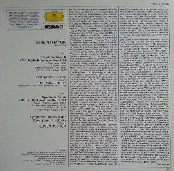 Kurt Sanderling, Eugen Jochum, Joseph Haydn : Symphonien Nr. 45 "Abschieds-Symphonie", Nr. 103 "Mit Dem Paukenwirbel" (LP, Comp, RE)