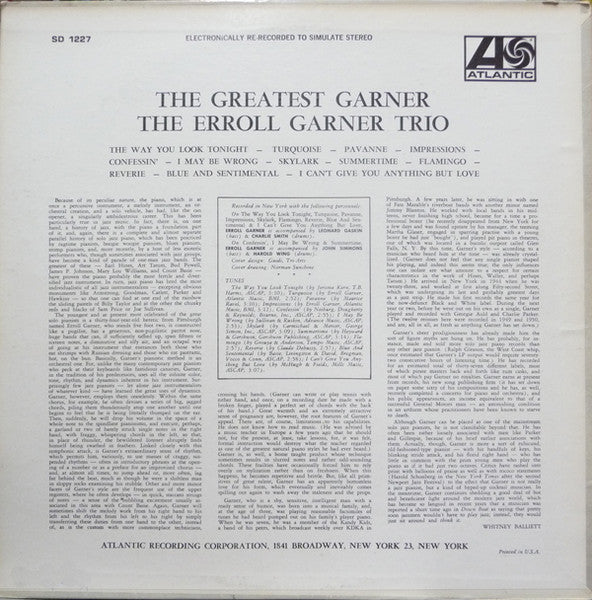 Erroll Garner : The Greatest Garner (LP, Album, RE, PR )