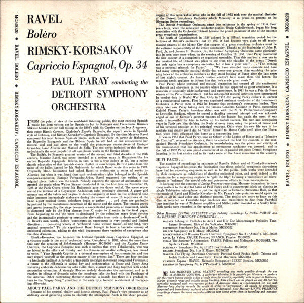 Maurice Ravel / Nikolai Rimsky-Korsakov - Paul Paray Conducting The Detroit Symphony Orchestra : Bolero / Capriccio Espagnol (LP, Album, Mono, RP)