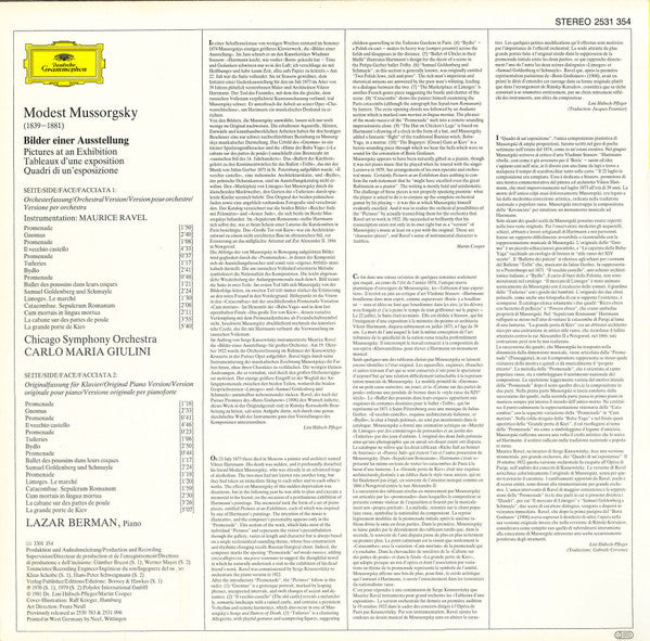Modest Mussorgsky , Original Piano Version: Lazar Berman , Orchestral Version By Maurice Ravel : Chicago Symphony Orchestra • Carlo Maria Giulini : Pictures At An Exhibition = Bilder Einer Ausstellung (LP, Comp)