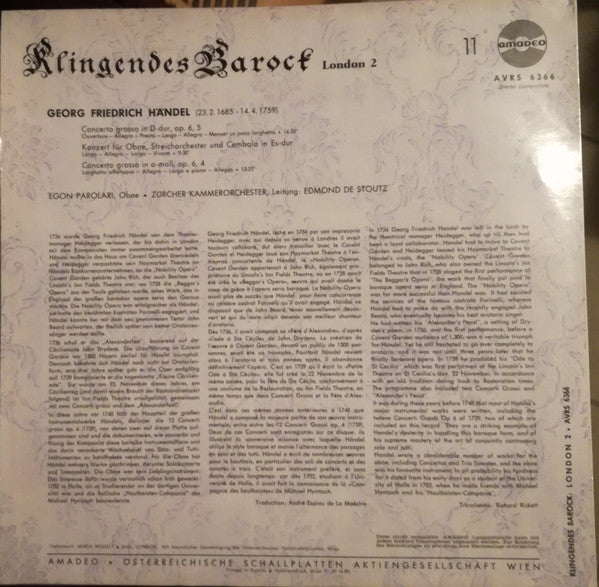 Edmond De Stoutz, Zürcher Kammerorchester, Egon Parolari, Georg Friedrich Händel : Klingendes Barock 11 - London (2) (LP)