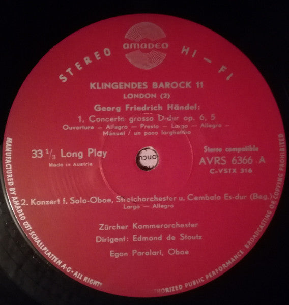 Edmond De Stoutz, Zürcher Kammerorchester, Egon Parolari, Georg Friedrich Händel : Klingendes Barock 11 - London (2) (LP)