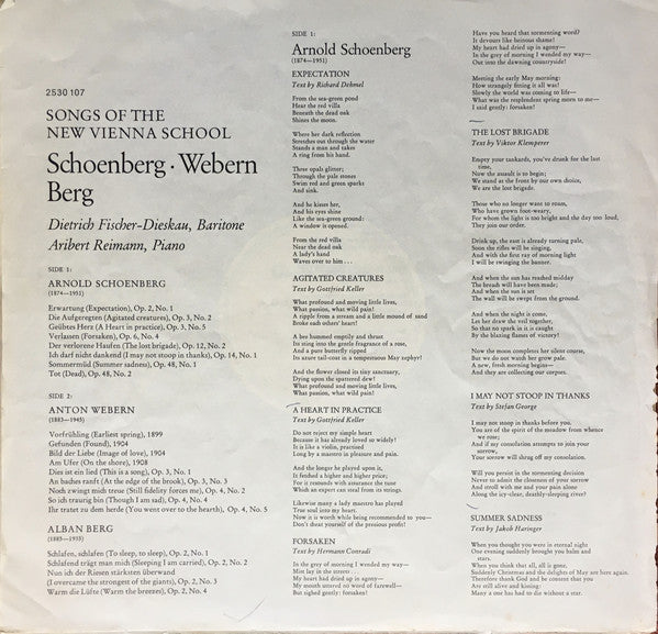 Dietrich Fischer-Dieskau, Aribert Reimann - Arnold Schoenberg • Anton Webern • Alban Berg : Lieder Der Neuen Wiener Schule . Songs Of The New Vienna School (LP)