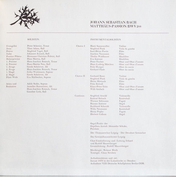 Johann Sebastian Bach - Thomanerchor, Dresdner Kreuzchor, Gewandhausorchester Leipzig Gesamtleitung Rudolf Mauersberger : Matthäus-Passion (4xLP + Box)