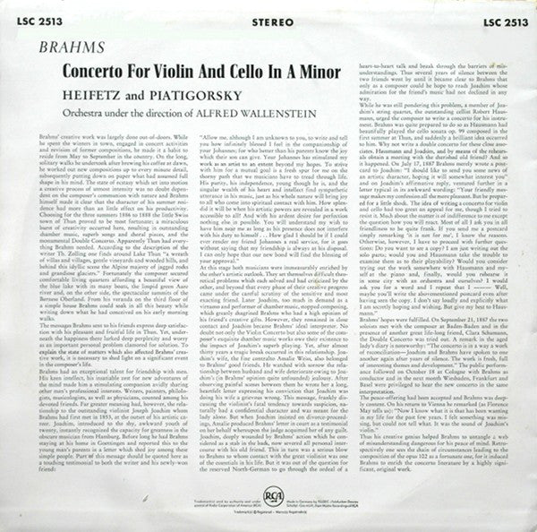 Johannes Brahms, Jascha Heifetz, Gregor Piatigorsky /Orchestra Under the Direction of Alfred Wallenstein : Concerto For Violin And Cello (LP)